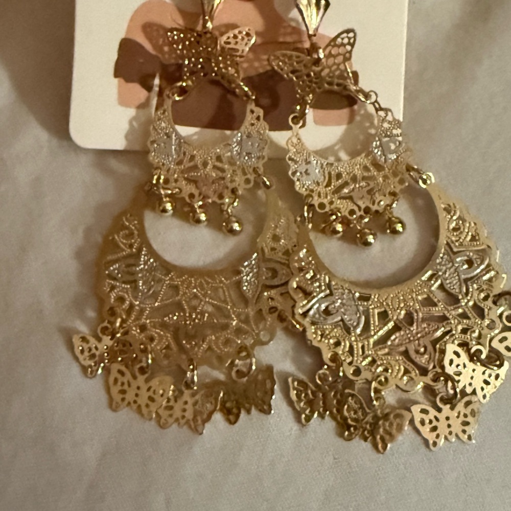 New Oro Laminado Elegant Gold Butterfly Dangle Earrings